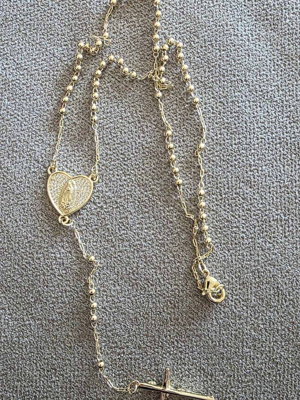 14k Gold Plated Heart and Cross Rosary Necklace - Women's Religious Jewelry